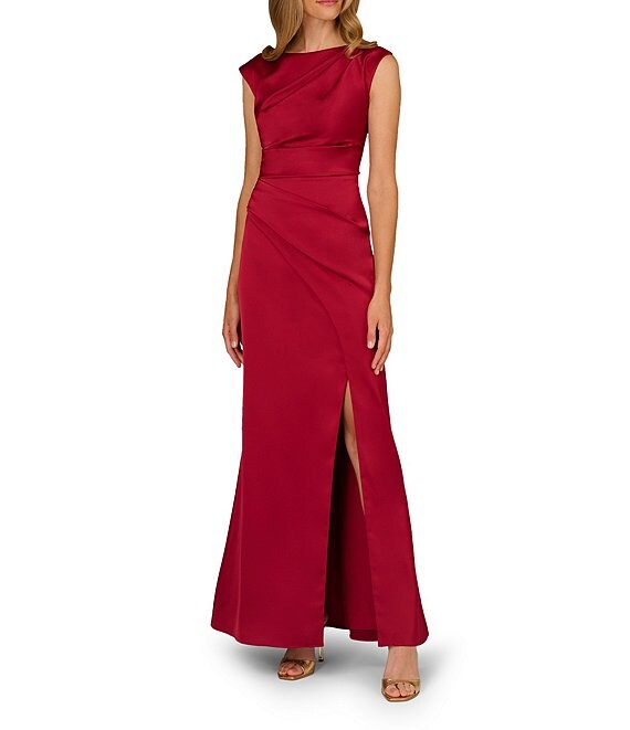 Aidan Mattox Satin Crew Neck Sleeveless Side Ruched Sheath Gown, Matador Red - Image 1