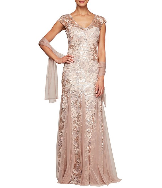 Alex Evenings Cap Sleeve Embroidered Lace Godet Gown