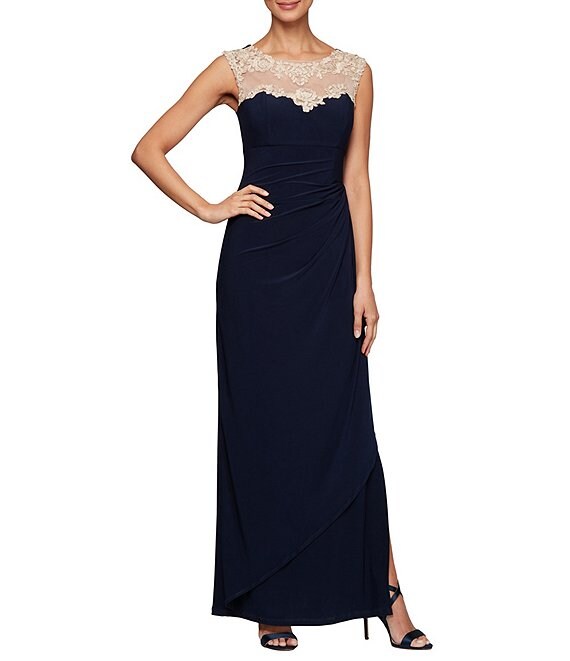 Alex Evenings Embroidered Neckline Cascade Side Ruched Long Jersey Gown