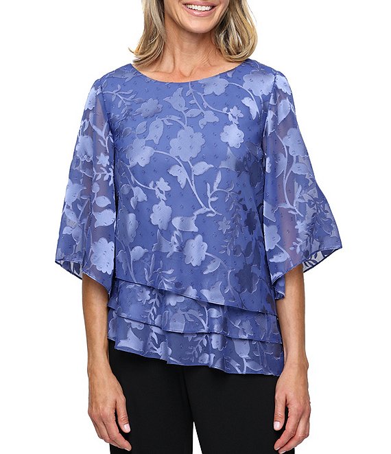 Alex Evenings Petite Size 3/4 Illusion Sleeve Crew Neck Asymmetrical Triple Tier Hem Printed Chiffon Blouse, Cornflower - Image 1