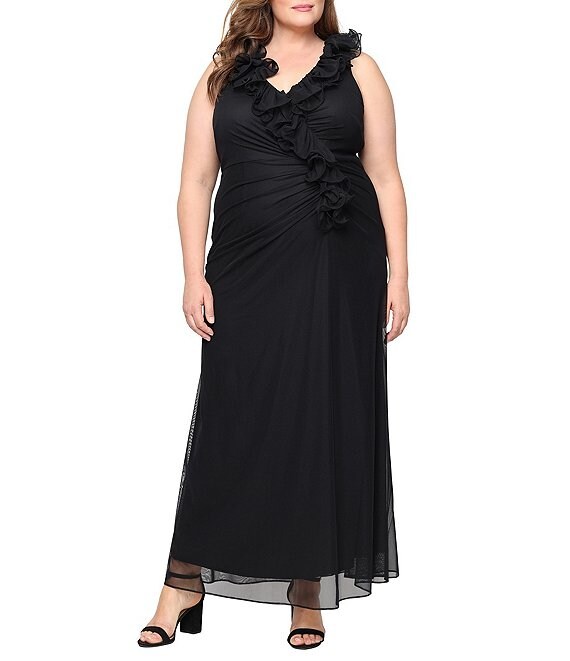 Alex Evenings Plus Size Ruffled V-Neck Ruched Sleeveless Mesh Mermaid Gown, Black - Image 1