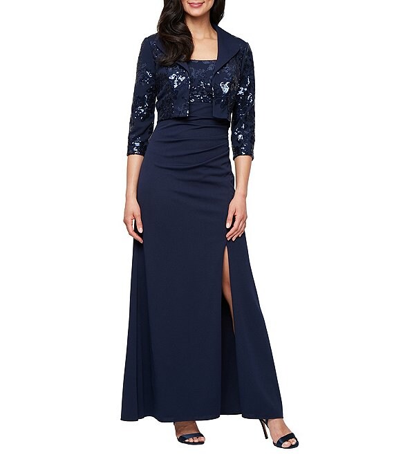 Alex Evenings Sequin Collared 3/4 Sleeve Jacket Scuba Crepe Front Slit Gown, Navy - Image 1