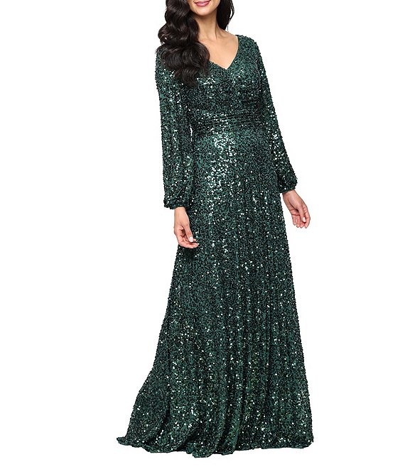 Alex Evenings Sequin V-Neck Bubble Hem Long Sleeve A-Line Gown, Emerald Green - Image 1