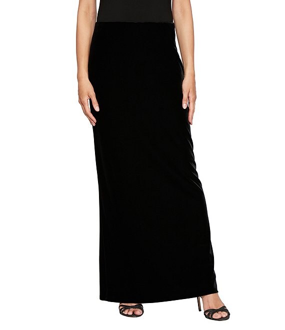 Alex Evenings Stretch Velvet Fishtail Pull-On A-Line Maxi Skirt, Black - Image 1