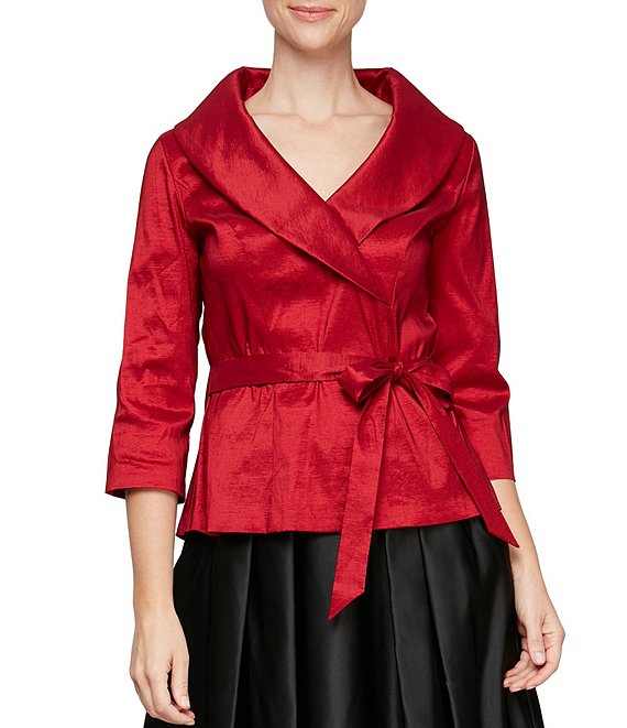 Color:Red - Image 1 - Taffeta Tie Waist Portrait Collar Blouse