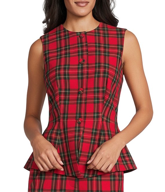Alex Marie Coordinating Nichole Stretch Tartan Sleeveless Button Front Vest, Red Tartan - Image 1