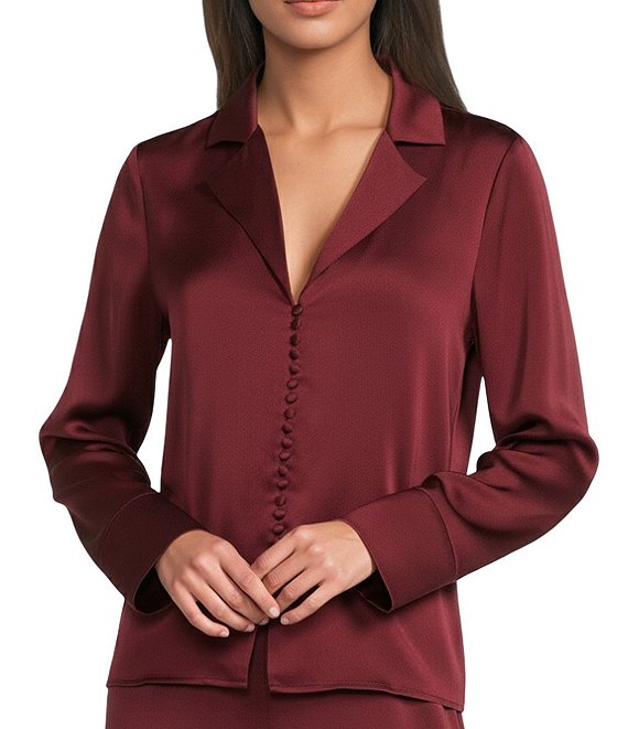 Alex Marie Josefine Stretch Satin Notch Collar Long Sleeve Button Front Blouse, Cherry Lacquer - Image 1