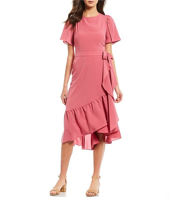 Alex Marie Shelly Flutter Sleeve Wrap Ruffle Hem Crepe de Chine Midi Dress