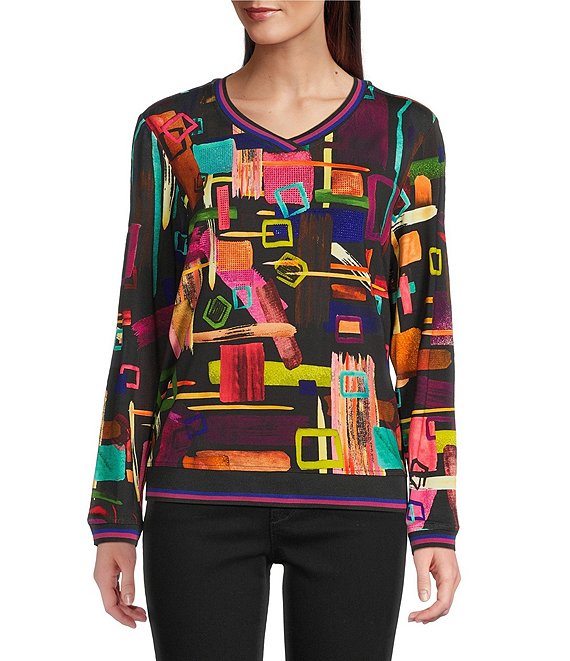 Ali Miles Abstract Multi Stroke Knit V-Neck Long Sleeve Popover Top, Abstract Multi - Image 1