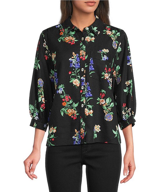 Ali Miles All-Over Floral Multi Print Linen Blend Point Collar Elbow Sleeve Button Front Tunic, Black Multi - Image 1
