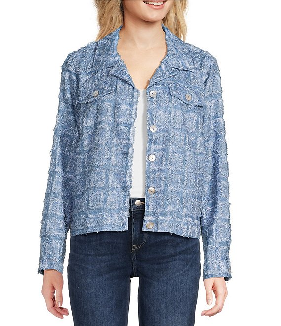 Ali Miles Jacquard Frayed Fringe Point Collar Long Sleeve Button Front Jacket, Medium Blue - Image 1