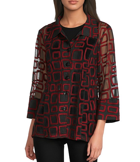 Ali Miles Jacquard Knit Mesh Square Embroider Point Collar 3/4 Sleeve Button Front Jacket, Fiery Red - Image 1