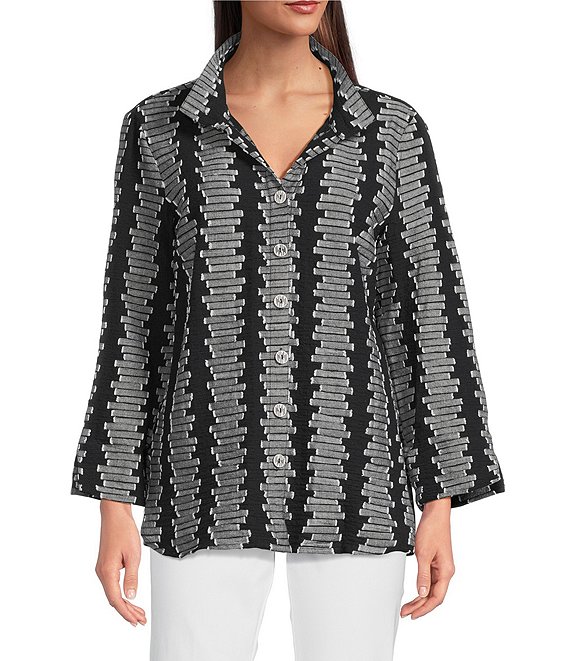 Ali Miles Jacquard Wire Collar 3/4 Cuff Sleeve Button Front Tunic, Black/White - Image 1