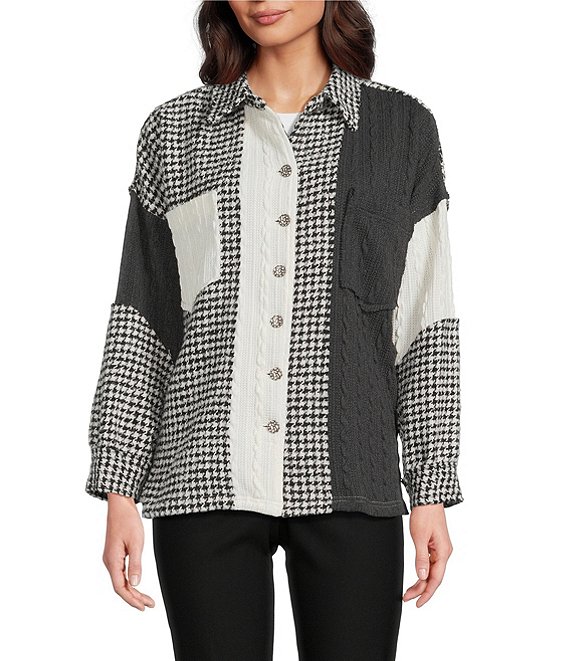 Ali Miles Knit Mixed Media Point Collar Long Sleeve Button Front Jacket, Black White - Image 1