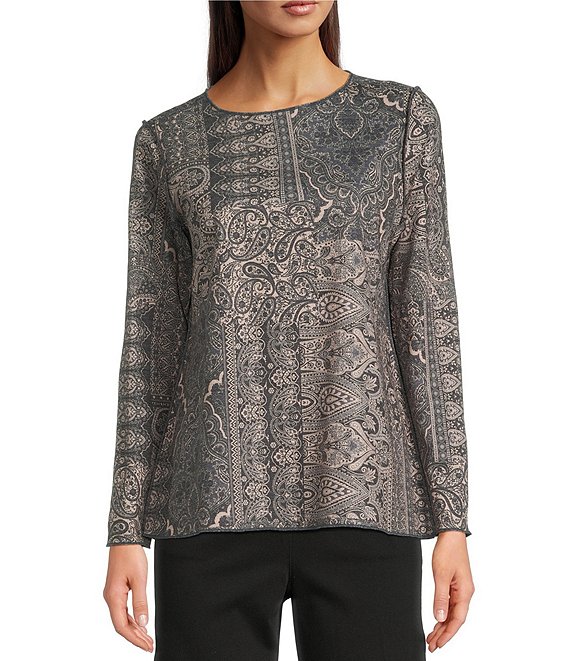 Ali Miles Muted Abstract Tile Print Scoop Neck Long Sleeve Reversible Tunic, Multi - Image 1