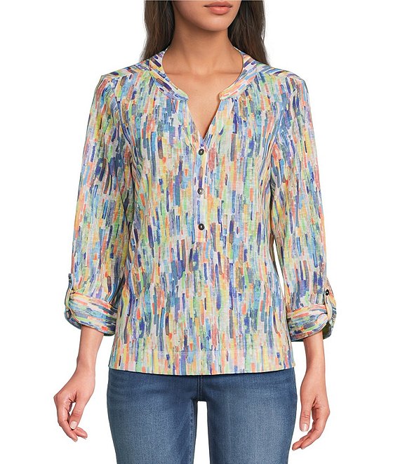 Ali Miles Petite Size Abstract Print Split V-Neck 3/4 Roll-Tab Sleeve Tunic, Multi - Image 1