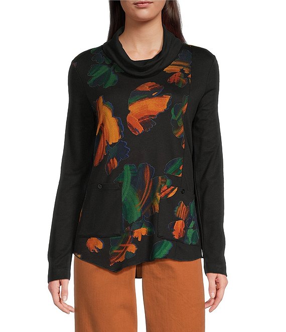 Ali Miles Petite Size Knit Abstract Multi Print Cowl Neck Long Sleeve Asymmetrical Hem Popover Top, Multi - Image 1