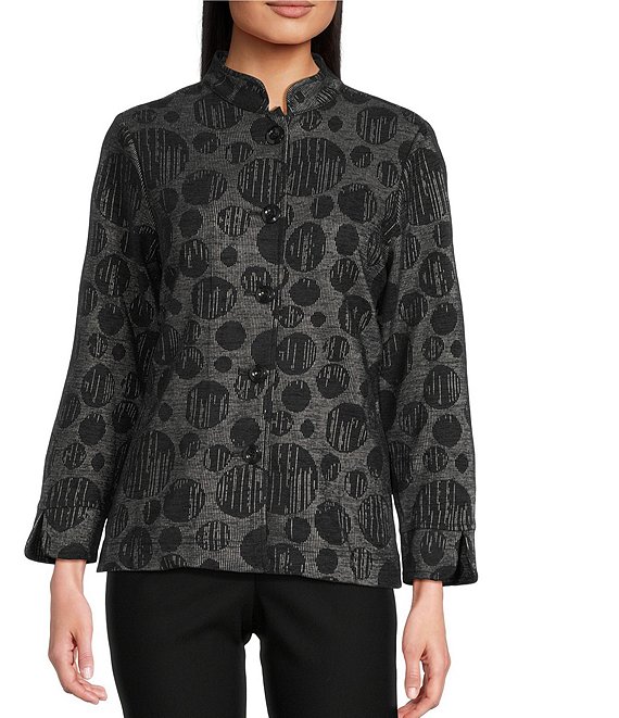 Ali Miles Petite Size Knit Jacquard All Over Dots Stand Collar Long Sleeve Button Front Tunic, Black Dot - Image 1