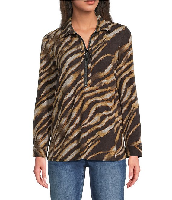 Ali Miles Petite Size Knit Zebra Print Point Collar Long Roll-Tab Sleeve Quarter-Zip Tunic, Zebra - Image 1