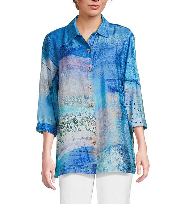 Ali Miles Petite Size Printed Point Collar 3/4 Sleeve Button Front Tunic, Blue Multi - Image 1