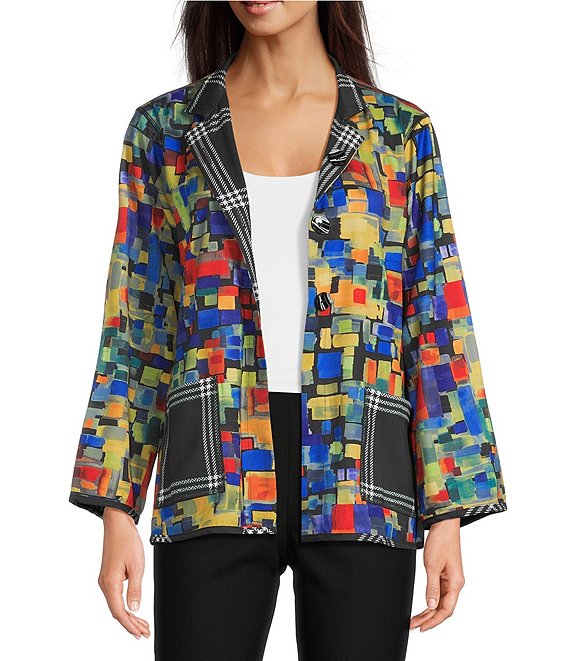 Ali Miles Petite Size Woven Abstract Multi Print Stand Collar Long Sleeve Reversible Jacket, Abstract Multi - Image 1