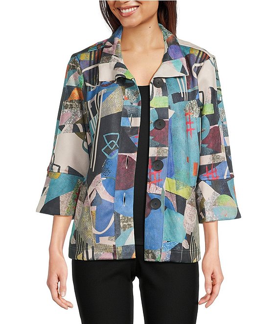 Ali Miles Petite Size Woven Abstract Multi Wire Collar 3/4 Sleeve Side Seam Pocket Button Front Jacket, Abstract Multi - Image 1