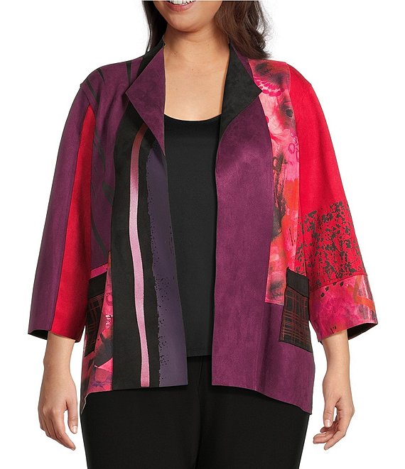 Ali Miles Plus Size Abstract Print Knit Lapel Collar 3/4 Sleeve Hi-Low Hem Jacket, Multi - Image 1