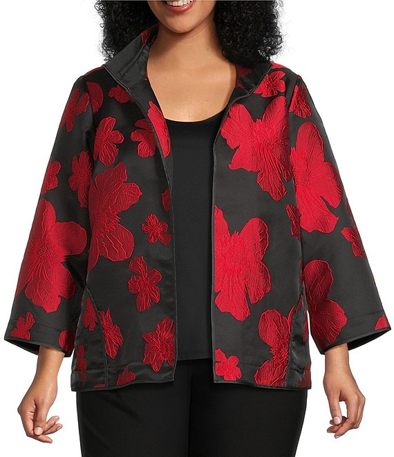 Ali Miles Plus Size Jacquard Woven Floral Print Wire Collar Open-Front Jacket, Floral Multi - Image 1