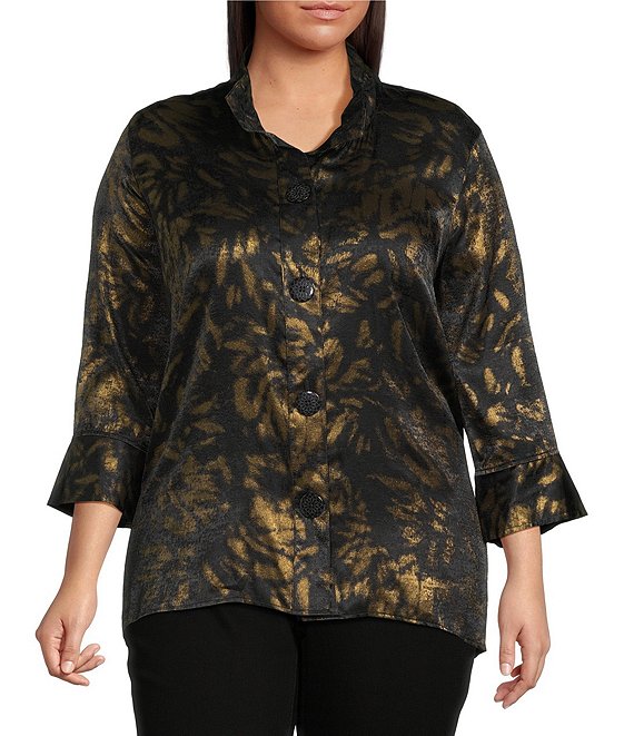 Ali Miles Plus Size Shimmer Woven Allover Multi Print Wire Collar 3/4 Bell Sleeve Button-Front Tunic, Multi - Image 1