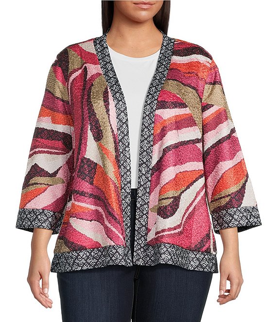 Ali Miles Plus Size Textured Woven Abstract Print 3/4 Sleeve Reversible Jacket, Pink Print - Image 1