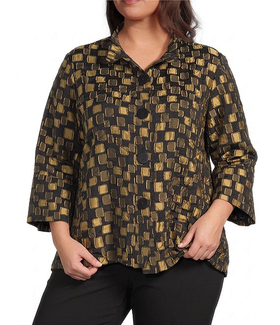Ali Miles Plus Size Woven Jacquard Gold Dot Wire Collar 3/4 Sleeve Button Front Jacket