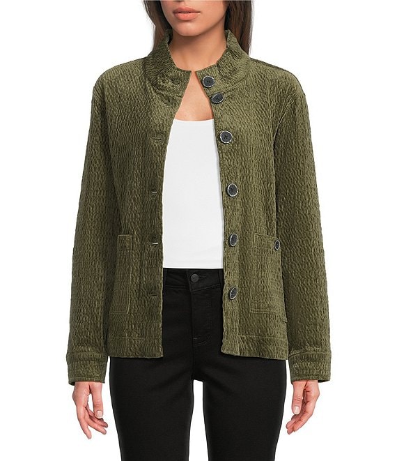 Ali Miles Point Collar Long Sleeve Button Front Jacket, Deep Olive - Image 1