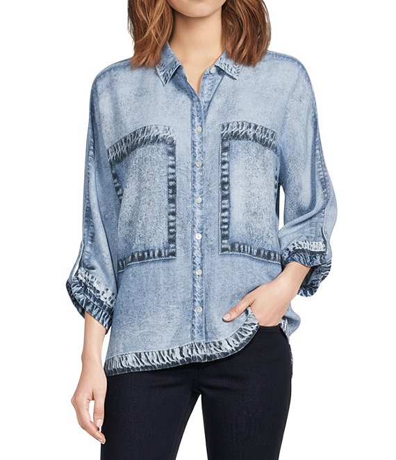Ali Miles Printed Point Collar 3/4 Dolman Sleeve Button Front Tunic, Indigo - Image 1