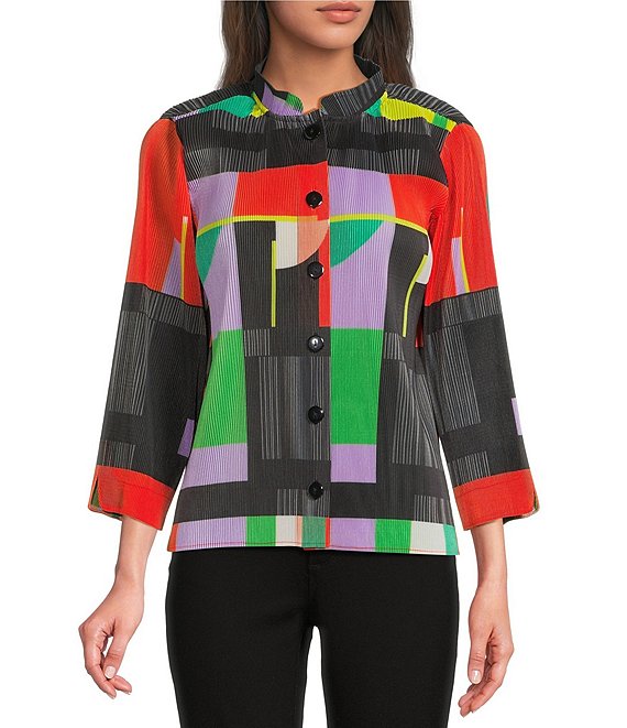 Ali Miles Textured Crinkle Pleated Geo Multi Print Wire Collar 3/4 Sleeve Button Front Shirt, Geo Multi - Image 1