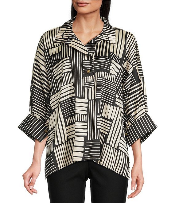 Ali Miles Woven Abstract Stripe Square Print Point Collar 3/4 Dolman Cuff Sleeve Tunic, Black/Ivory - Image 1