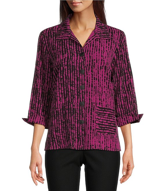 Ali Miles Woven Black Stroke Print Point Collar 3/4 Sleeve Button Front Tunic, Magenta - Image 1