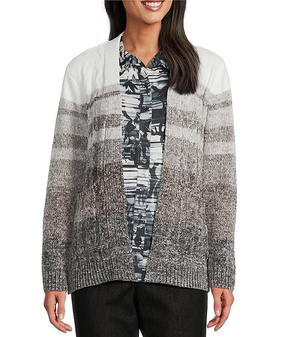 Allison Daley Petite Black White Long Sleeve Open-Front Gradience Stripe Cardigan, Black/Snow White - Image 1