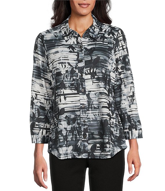 Allison Daley Petite Size Black Showering Floral Print 3/4 Sleeve Point Collar Button Front Shirt, Black Showering Flowers - Image 1