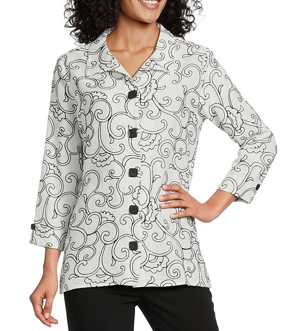 Allison Daley Petite Size Embroidered 3/4 Sleeve Point Collar Button Front Blouse, Snow White/Black Embroidery - Image 1