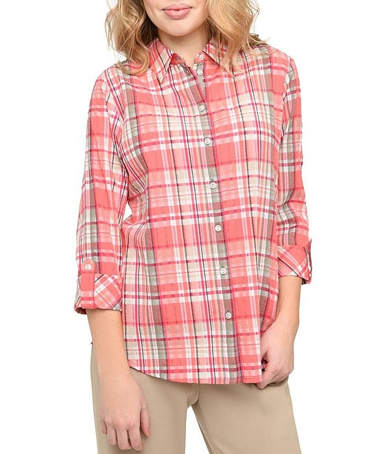 Allison Daley Petite Size Roll-Tab Sleeve Plaid Crinkle Plaid Shirt