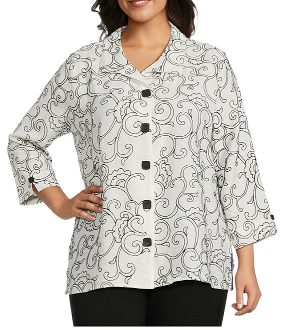 Allison Daley Plus Size 3/4 Sleeve Point Collar Button Front Embroidered Blouse, Snow White/Black Embroidery - Image 1