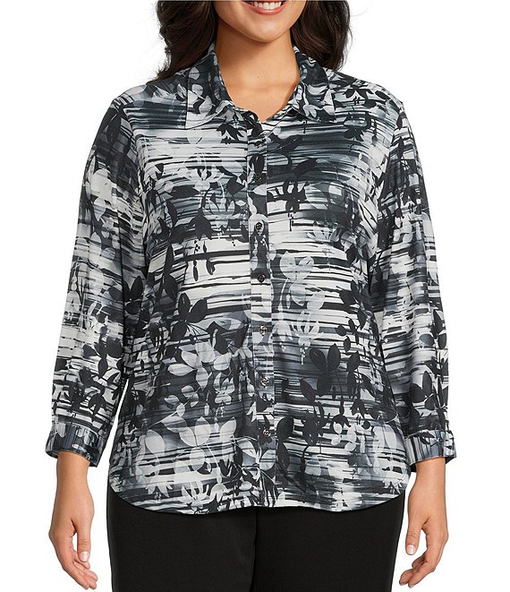 Allison Daley Plus Size Black Showering Floral Print Long Sleeve Point Collar Button Front Shirt, Black Showering Flowers - Image 1