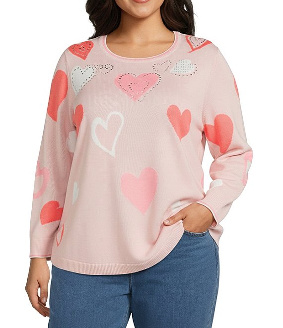 Allison Daley Plus Size Floating Hearts 3/4 Sleeve Crew Neck Curve Hem Sweater, Blush Floating Hearts - Image 1