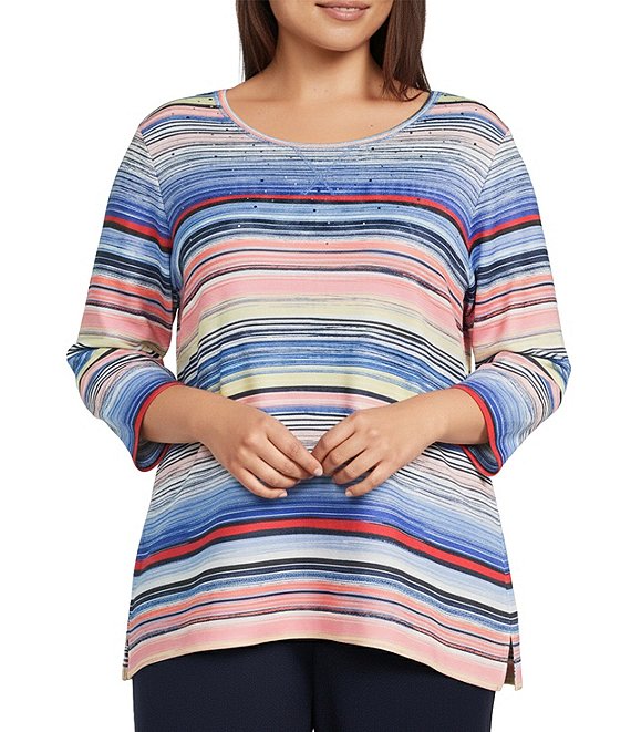 Allison Daley Plus Size Multi Stripe 3/4 Sleeve Crew Neck Scuba Knit Embellished Top, Multi Stripe - Image 1