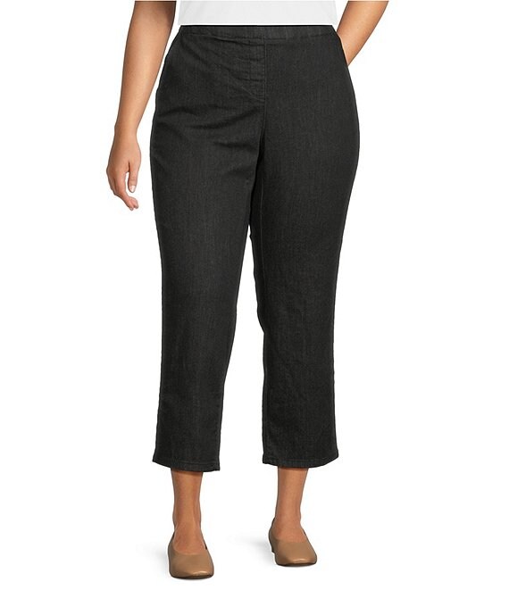 Allison Daley Plus Size Straight Leg Stretch Denim Elastic Waist Pull-On Pants, Black - Image 1