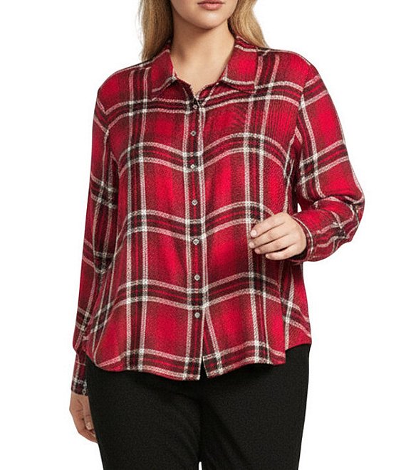 Allison Daley Plus Size Tango Red Ombre Plaid Long Sleeve Point Collar Button Front Shirt, Tango Red/Ombre Plaid - Image 1