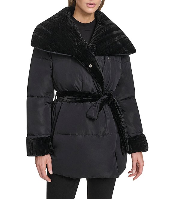 Andrew Marc Sport Emerson Water Resistnat Oversized Collar Mixed Media Belted Wrap Coat, Black - Image 1