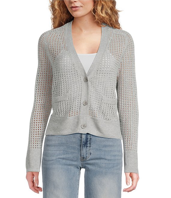 APNY Knit Open Front Long Sleeve Button Front Cropped Cardigan, Grey - Image 1