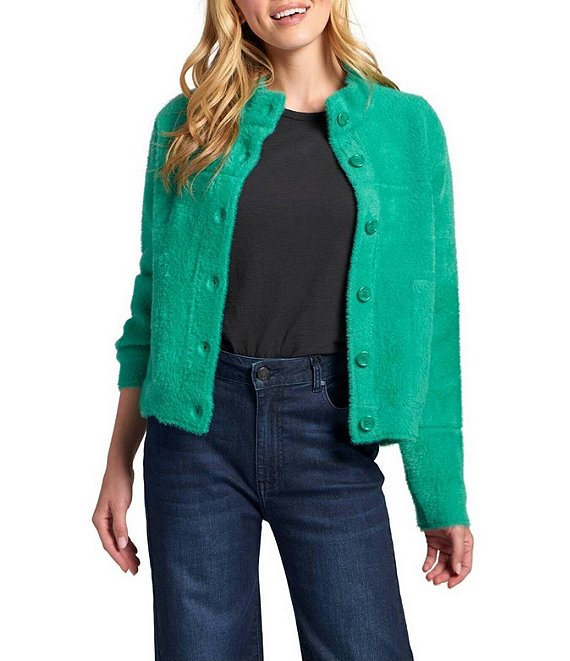 APNY Knit Stand Collar Long Sleeve Button Front Cropped Cardigain Jacket, Emerald - Image 1