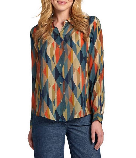APNY Woven Printed Spread Collar Long Rolled Cuff Sleeve Button Front Blouse, Navy Multi - Image 1